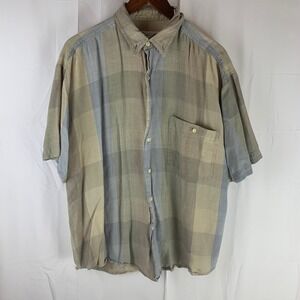 Goouch Button Down Shirt Mens XL Beige Gray Silk Linen Blend Plaid Short Sleeve